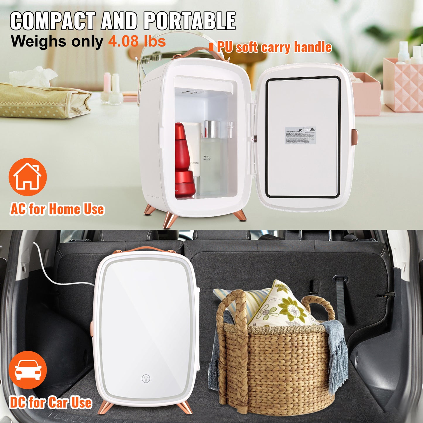 Vevor Mini Fridge For Bedroom, 6L Luxury Skin Care Fridges With Mirror And LED Light, AC DC Cosmetic Fridge For Office Dorm Car, Small Makeup Refrigerator For Beauty Face Mask Beverage Chill, White